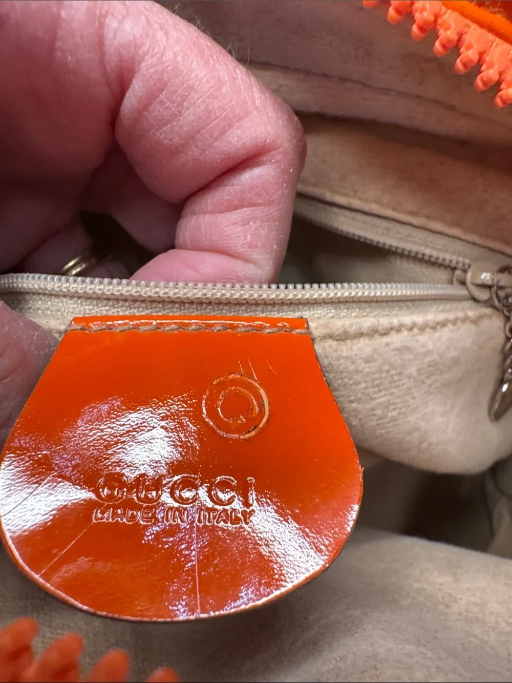Gucci Coral Canvas & Orange Patent Leather TopZip Satchel/Crossbody Bamboo Pulls